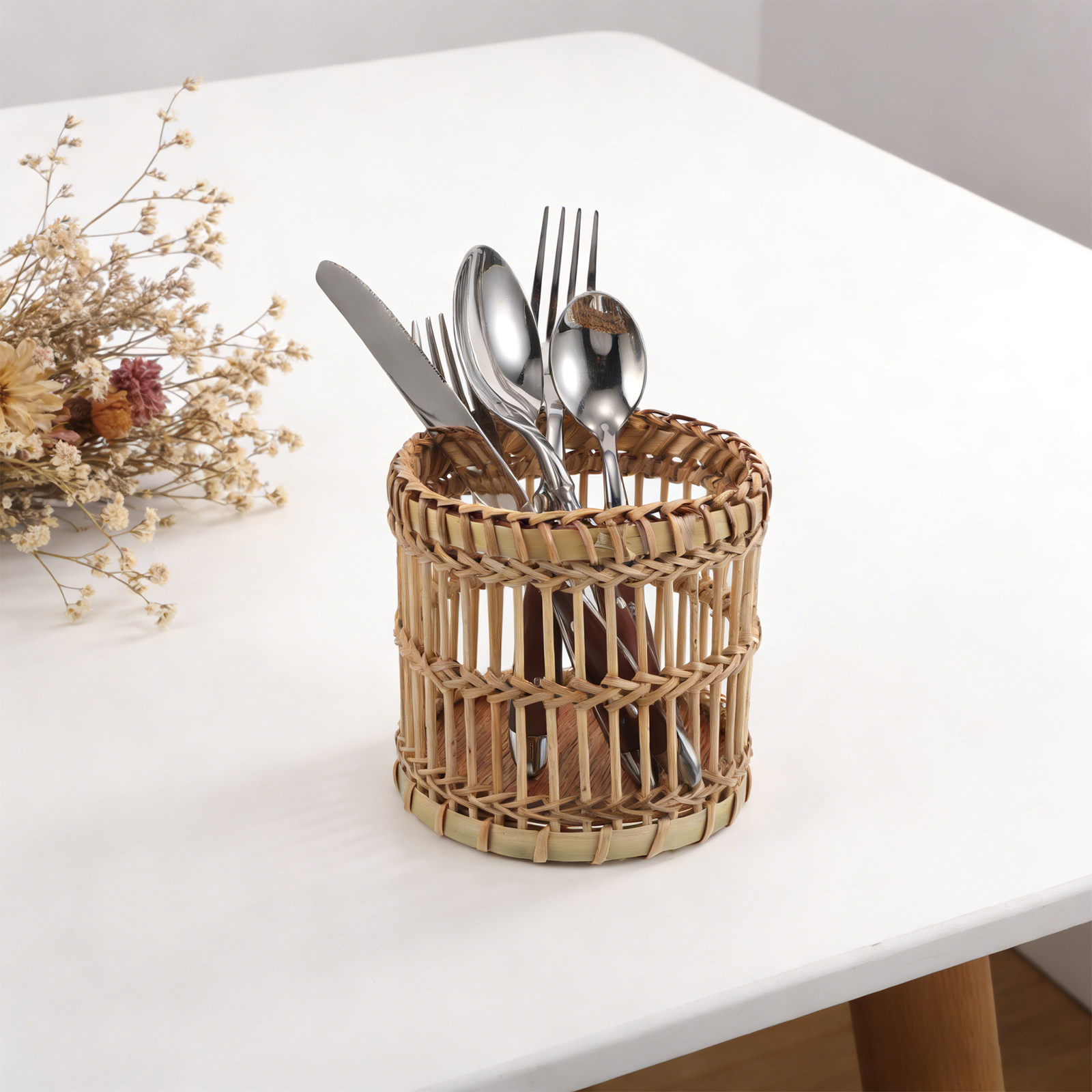 Bamboo Cutlery - ที่วางเครื่องครัวไม้ไผ่ กล่องจัดระเบียบบนเคาน์เตอร์ครัว กล่องเก็บช้อนส้อมหวายสาน ที่จัดระเบียบช้อนส้อมไม้ไผ่สำหรับช้อน