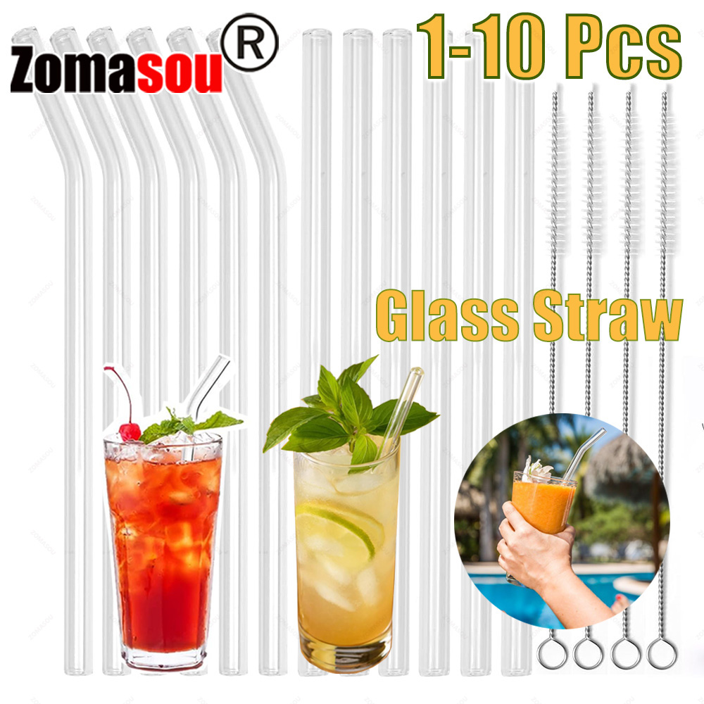 Reusable Straw - 1-10 ชิ้นแก้วฟางชุด Borosilicate สูง Smoothie ค็อกเทลฟางเพื่อสุขภาพเป็นมิตรกับสิ่งแวดล้อมดื่มฟางพร้อมแปรงใส