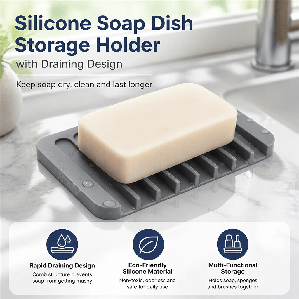 Eco Sponge - ที่วางสบู่ซิลิโคนแบบมีช่องระบายน้ำ อุปกรณ์จัดระเบียบห้องน้ำและห้องครัว เป็นมิตรต่อสิ่งแวดล้อม ถาดวางฟองน้ำกันลื่น อุปกรณ์เสริมสำหรับห้องอาบน้ำ ระบายน้ำได้รวดเร็ว