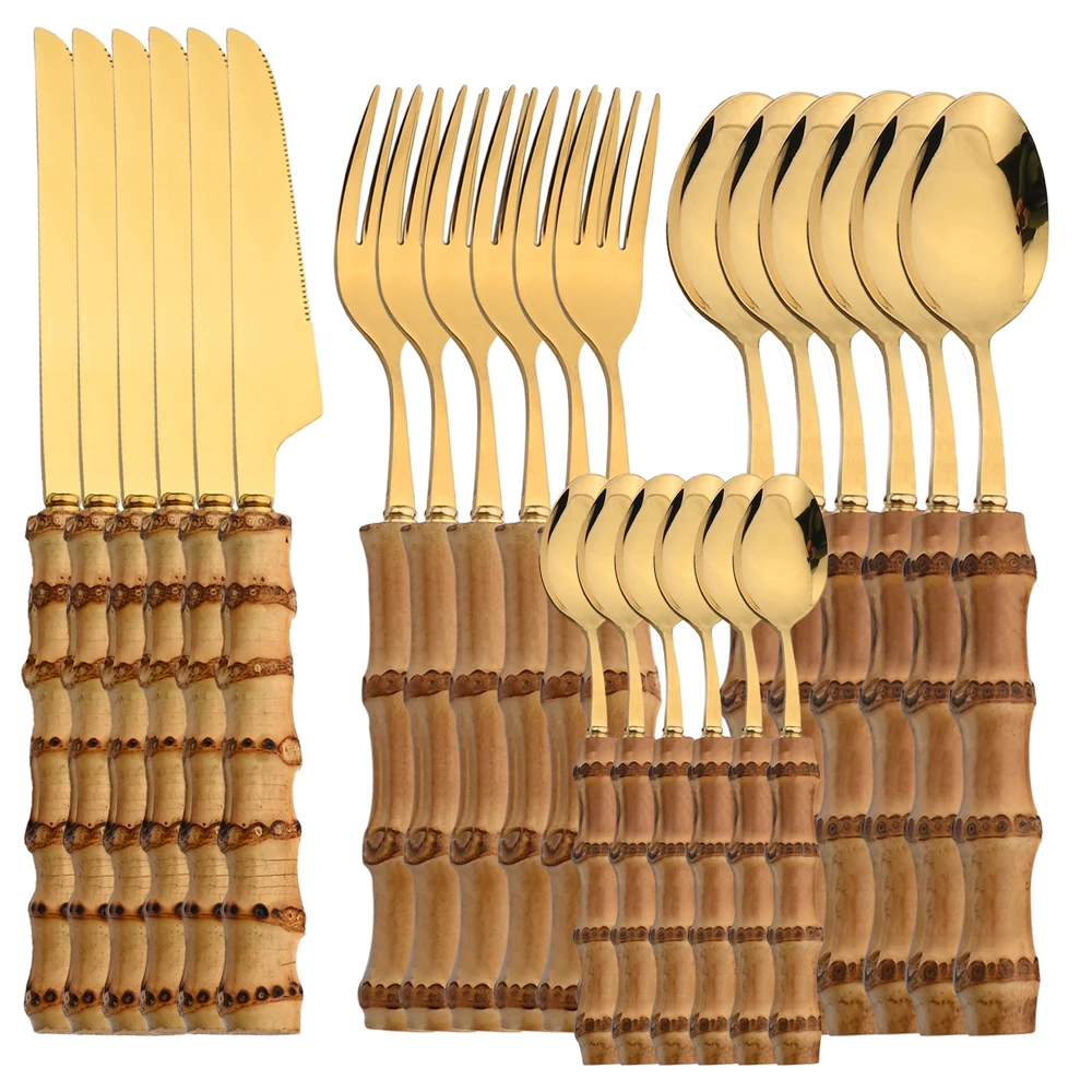 Bamboo Cutlery - 24 ชิ้นสแตนเลสสตีล Flatware ไม้ไผ่ธรรมชาติอาหารเย็น Vintage สลัดเซิร์ฟเวอร์ช้อนส้อมชุดช้อนส้อมบนโต๊ะอาหาร