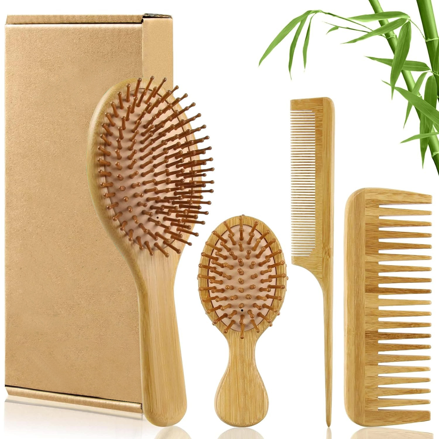 Bamboo Toothbrush - ชุดหวีแปรงผมไม้ไผ่สำหรับผู้หญิงและผู้ชาย, หวีไม้ซี่ห่างและหวีปลายแหลม - แปรงหวีผมแบบแบนสำหรับผมเปียก ผมแห้ง และผมหยิก
